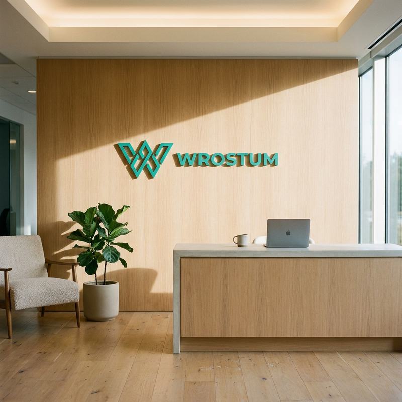 Recepcja siedziby Wrostum: drewniana ściana z turkusowo-zielonym logo i napisem WROSTUM, kontuar z laptopem, roślina i fotel w ciepłym, naturalnym świetle